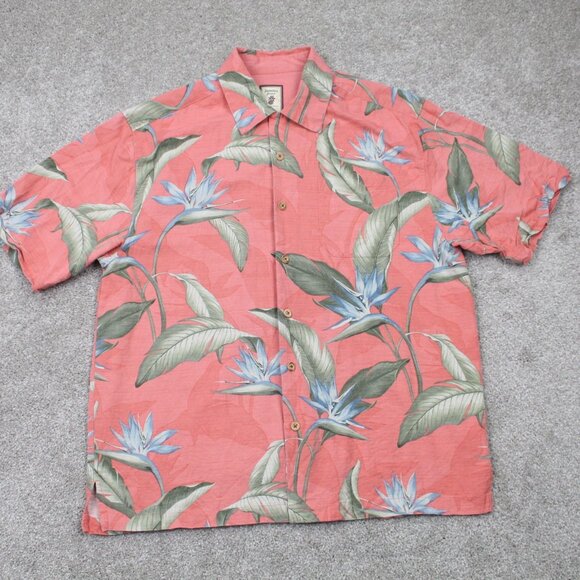 Jamaica Jaxx Camp Shirt Adult Medium Pink Floral Silk Loop Collar S/S Button Up - Picture 1 of 13